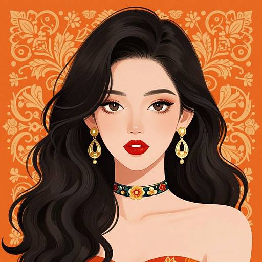 Digital illustration of an Asian woman with long black hair, red lipstick, gold earrings, and floral choker, against an orange floral background.