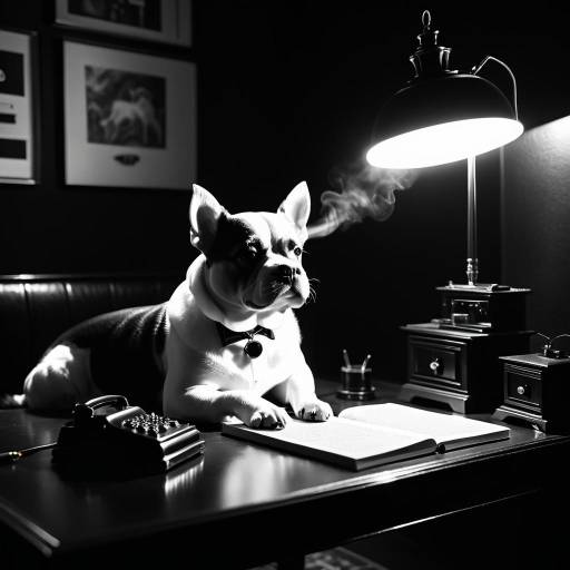 Noir Style French Bulldog Writing at Desk