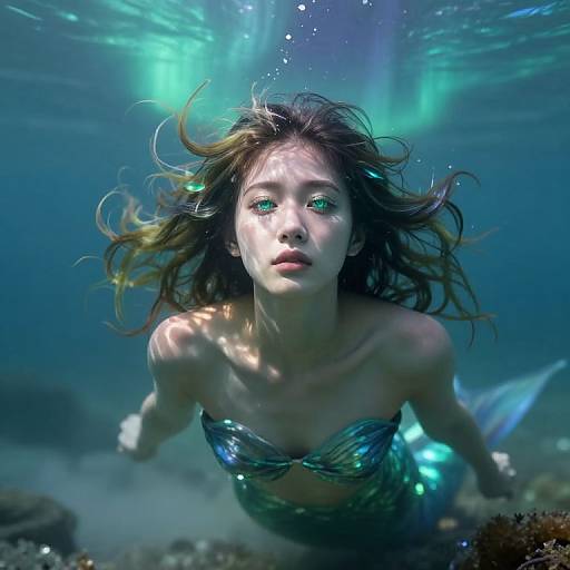 Photograph of a mermaid with long brown hair, glowing green eyes, and a shimmering blue-green tail, swimming underwater with green light beams illumin