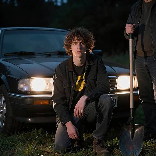Moody Scene with Kneeling Man and Car
