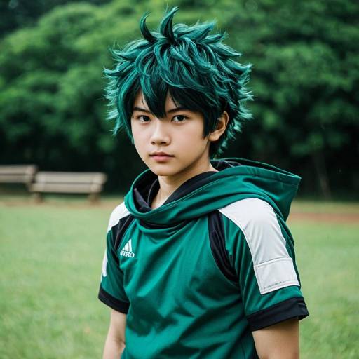Young boy in green sports hoodie with messy green hair outdoors