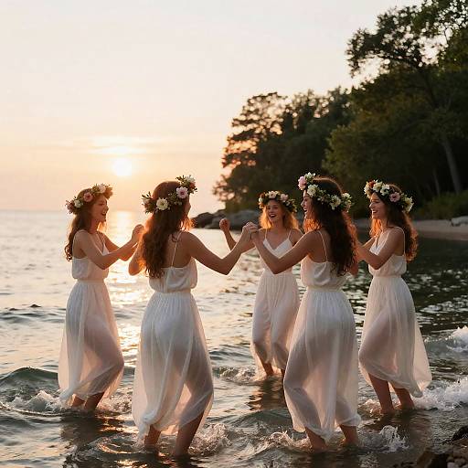 Photograph of four women in white, flowing dresses and flower crowns, holding hands and dancing in the gentle waves at sunset.