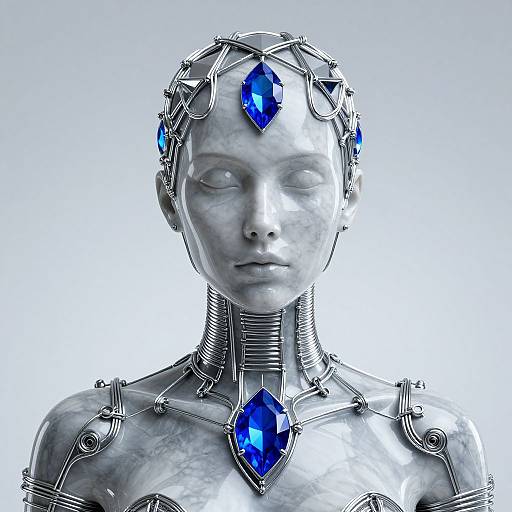 Digital CGI of a silver humanoid robot with blue gemstone forehead and chest accents, featuring intricate metallic wiring and a calm expression.