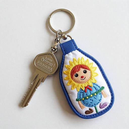 Embroidered keychain with colorful sunflower girl, blue dress, and red hair, attached to silver key, blue fabric pouch background.