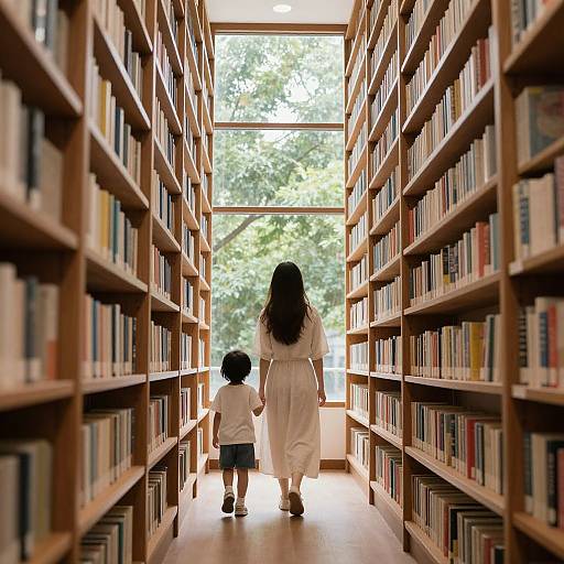 Photograph of a woman in a white dress and a small child in white and blue walking down a sunlit library aisle with tall wooden bookshelves