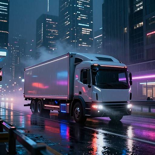 Neon-lit, white semi-truck driving on a wet, reflective city street at night, surrounded by glowing skyscrapers and colorful streetlights