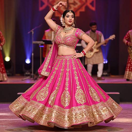 Photograph of a beautiful Indian woman in a vibrant pink and gold traditional lehenga, mid-dance, with a musician in the background.
