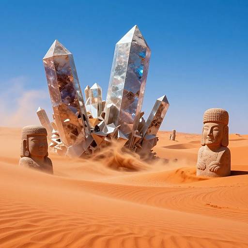Photograph of two stone Buddha statues in an orange desert, with a cluster of reflective, crystalline structures erupting from the sand under a clear blue