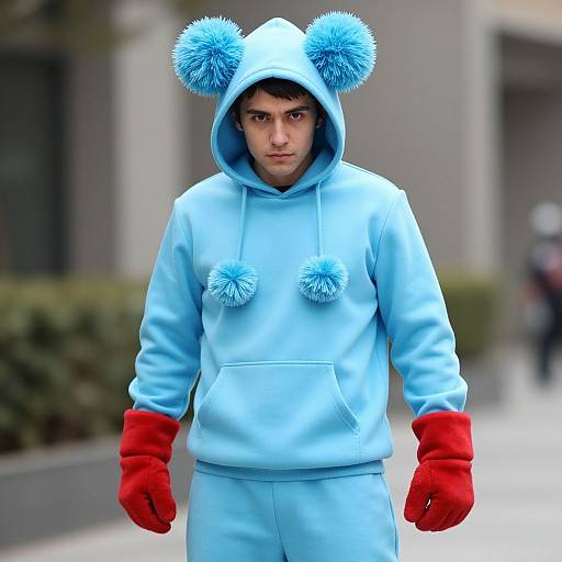 Photograph of a man with light skin wearing a blue hoodie with bear ear pom-poms, red gloves, and blue pants, standing on a city