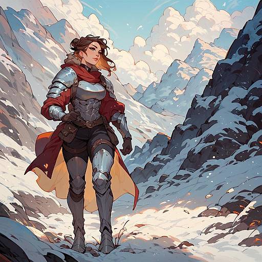 Armored Young Woman in Snowy Mountains