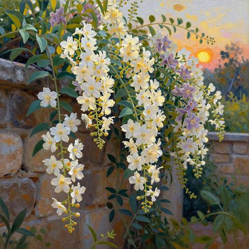 Photograph of vibrant white and purple flowers cascading over a stone wall, bathed in warm sunset light, with a colorful, orange and pink sky