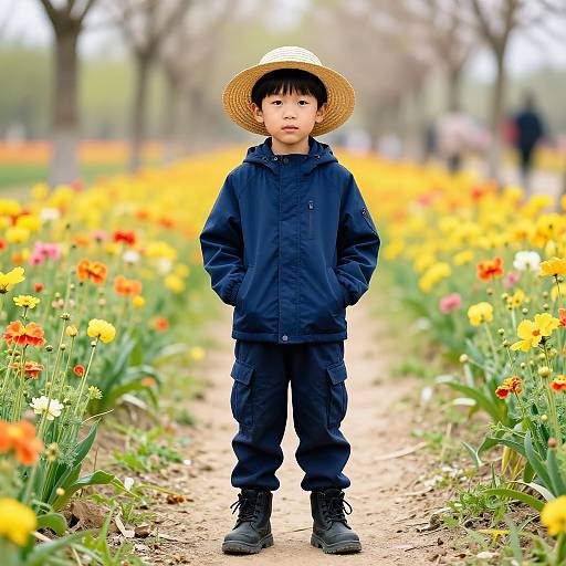 Photograph of an Asian boy in a navy jacket, dark pants, black boots, and straw hat, standing in a vibrant flower field.