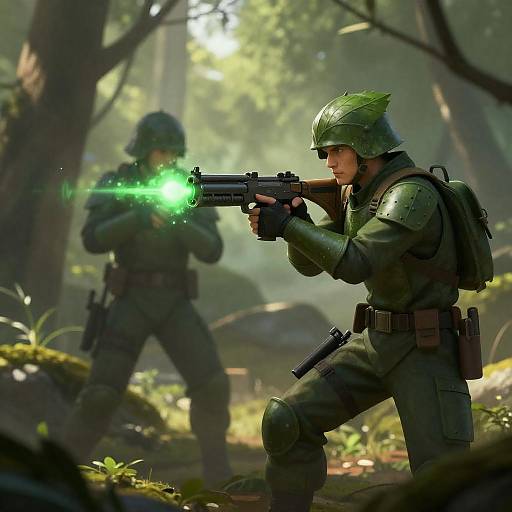 Leaf-Helmed Soldier with Glowing Energy Gun