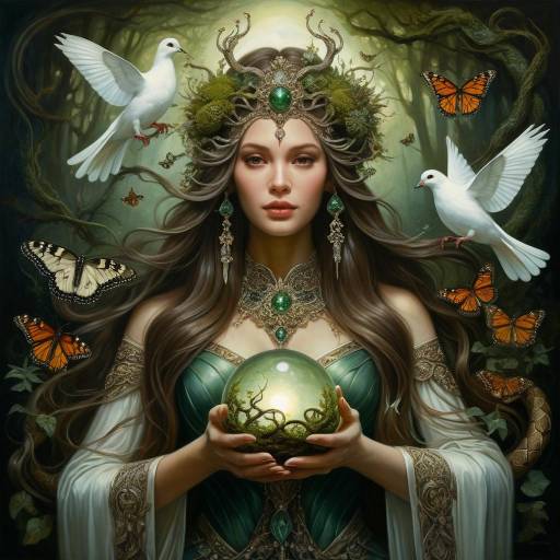 Fantasy Woman with Glowing Orb in Enchanted Forest