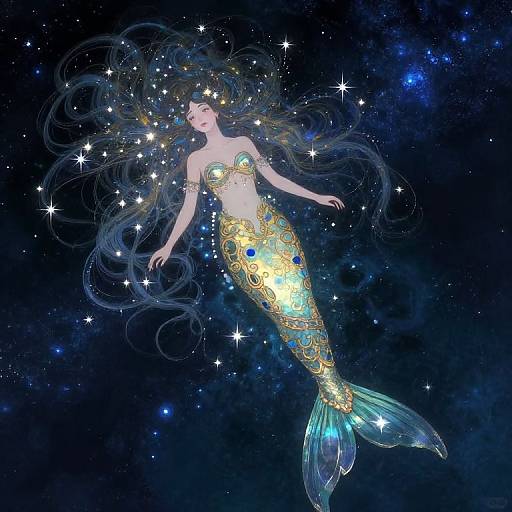 Digital illustration of a glowing mermaid with long, flowing blue hair, golden and blue ornate tail, and starry night background.