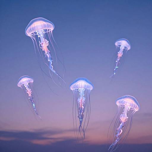 Photograph of five glowing jellyfish with translucent, flowing tentacles against a twilight sky, blending hues of blue, purple, and pink.