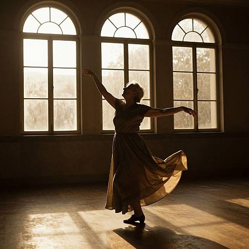 Silhouetted dancer in flowing dress, arms raised, stands against sunlight streaming through three arched windows in a dimly lit room.