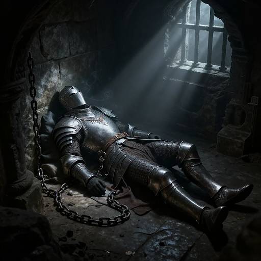 Photograph-style digital art: Knight in shining, chainmail armor, lying chained in dim, sunlit stone dungeon, near barred window. Shadows and