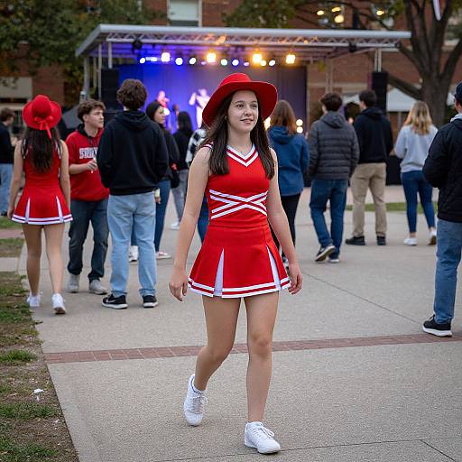 Photograph of a smiling young woman in a red cheerleader outfit with white trim, red hat, and white sneakers, walking outdoors at a school event