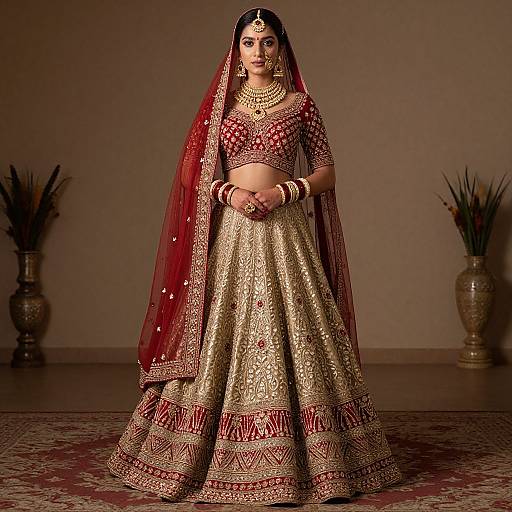 Photograph of a South Asian bride in a red and gold embroidered lehenga, dupatta, and crop top, standing in a dimly lit room