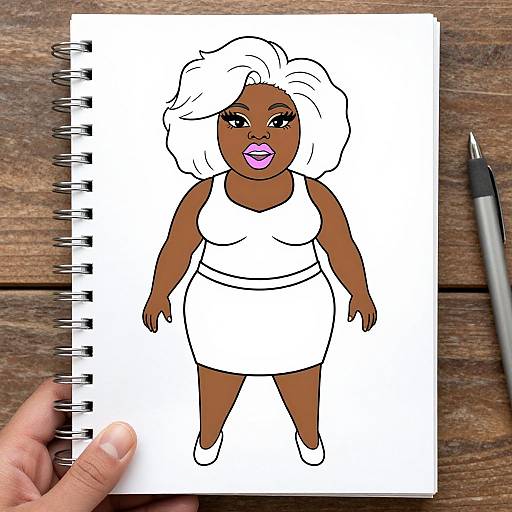 Digital drawing of a curvy, dark-skinned woman with white hair, purple lips, wearing a white dress, on white sketchpad, held by