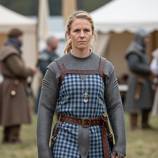 Photograph of a serious, blonde woman in medieval armor with blue checkered tunic and brown leather belt, standing in a blurred outdoor market setting.