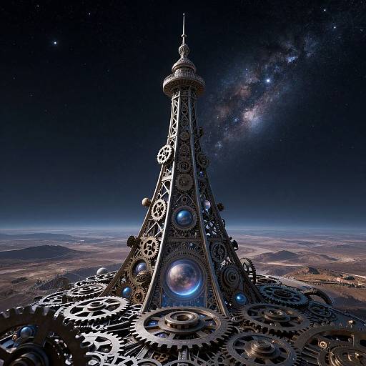 Digital illustration of a futuristic, gear-filled tower with glowing blue orbs, set against a starry night sky and expansive landscape.