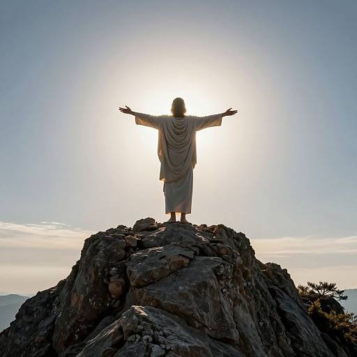 Photograph of a silhouetted person with outstretched arms standing on a rocky peak at sunrise, backlighting their figure.