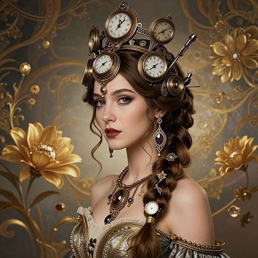 Steampunk portrait of a fair-skinned woman with brown braids, clock accessories, vintage dress, and gold floral background. Digital art.