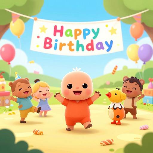 Cute cartoon children celebrate outdoors with balloons, a 