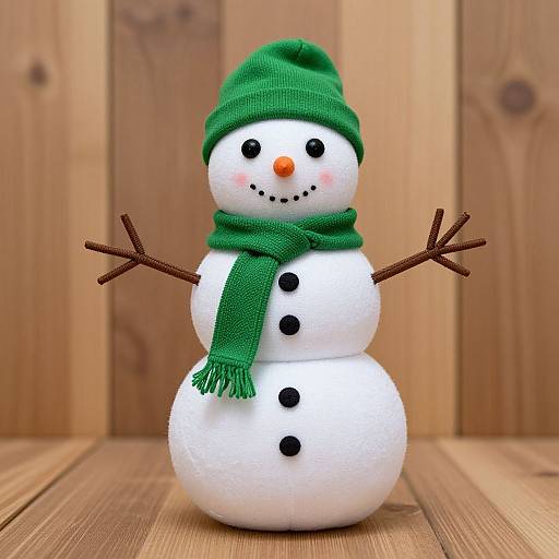 Photograph of a cheerful snowman with green beanie, matching scarf, black buttons, twig arms, and orange carrot nose, standing on wooden floor