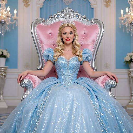 Blonde woman with red lipstick, wearing a sparkling blue ball gown, sits regally on a pink, silver-ornate chair in a luxurious,