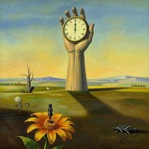 Digital surreal artwork of a giant clock-hand sculpture in a field, with a small figure standing on a large orange flower, under a yellow-blue sky.