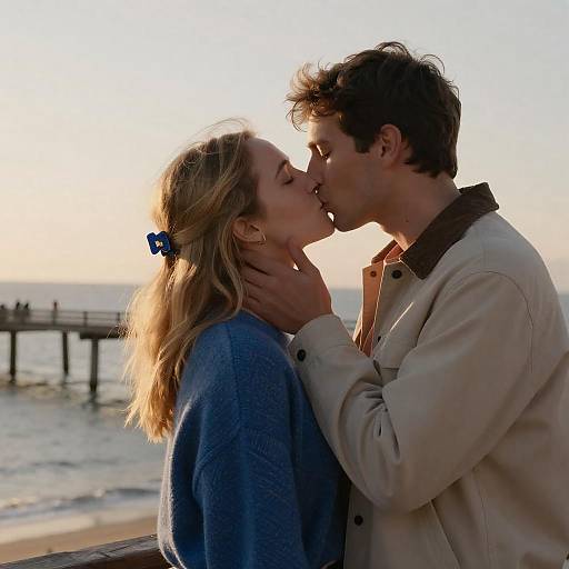 Couple Kissing at Sunset by the Sea