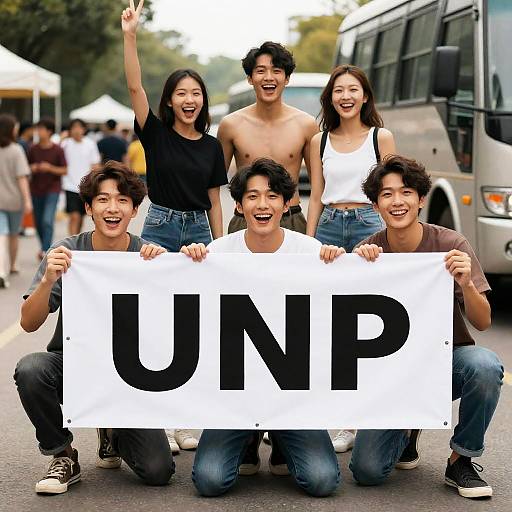 Group Photo with Bold Banner Outdoors