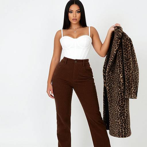 Photograph of a Black woman with long black hair, wearing a white strapless top, brown high-waisted pants, holding a leopard print coat