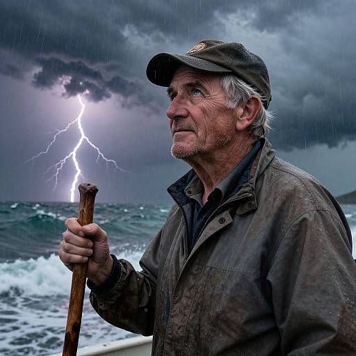Photograph of an elderly man with gray hair, wearing a cap and weathered jacket, holding a wooden staff, against a stormy sea with a