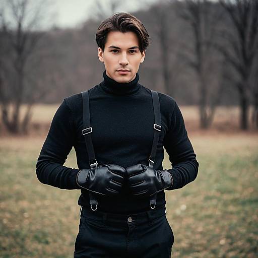 Man in Black Turtleneck with Suspenders Outdoors