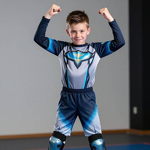 Photograph of a young boy with short brown hair, wearing a superhero-themed outfit with blue and black accents, flexing his arms and smiling, wearing
