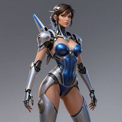 CGI image of a sexy, cybernetic woman with short black hair, blue metallic bodysuit, silver armor, and glowing blue accents,