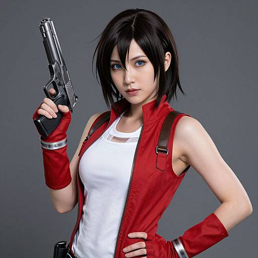 Digital art of a pale-skinned, black-haired woman with blue eyes, holding a gun, wearing a red vest, white tank top, and red