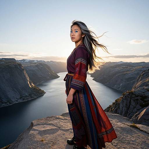 Photograph of an Asian woman with long black hair, wearing a maroon and black traditional dress, standing on a rocky cliff at sunset, overlooking a