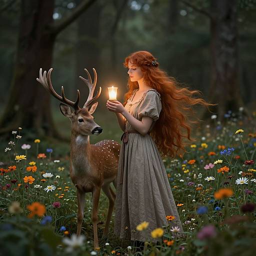Photograph-style digital artwork: Fair-haired woman in flowing gray dress holds glowing lantern, standing beside deer with large antlers in colorful forest meadow.