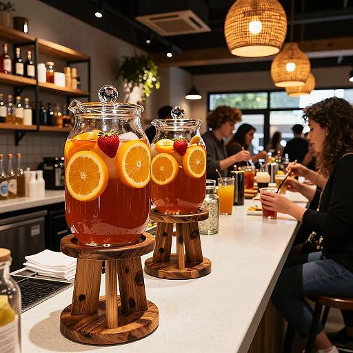 Photograph of a cozy, dimly-lit café with two glass jars on wooden stands containing orange slices and raspberries, patrons seated at a white