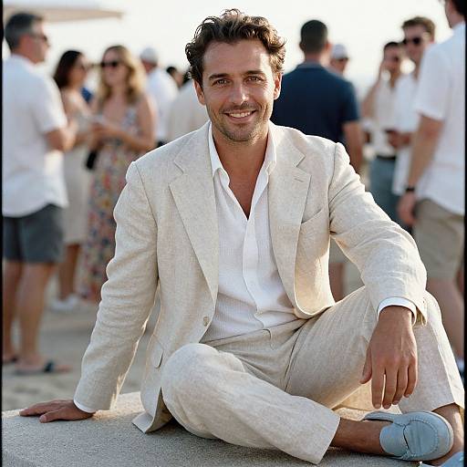 Photograph of a smiling man with curly brown hair, wearing a white suit and white shirt, sitting outdoors among a blurred crowd.