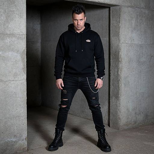 Photograph of a serious, muscular man with dark hair, wearing a black hoodie, ripped jeans, and boots, standing in a concrete doorway.