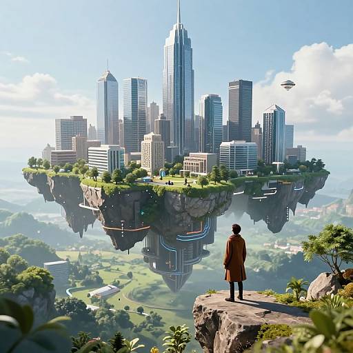 Digital artwork: A person in a brown coat stands on a cliff, gazing at a futuristic cityscape floating above a lush landscape. Skyscrap