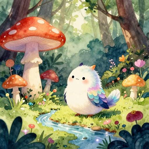 Whimsical forest illustration: fluffy white creature with blue wings sits by a stream, surrounded by colorful mushrooms and flowers in a sunlit, enchanted woodland