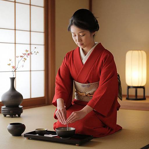 Photograph of an Asian woman in a red kimono, sitting on a tatami mat, preparing tea in a traditional Japanese room.