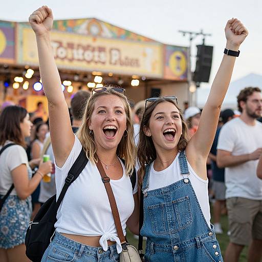 Photograph of two young women in white shirts and blue denim overalls, cheering with raised arms at a vibrant outdoor festival. Background includes blurred crowd and